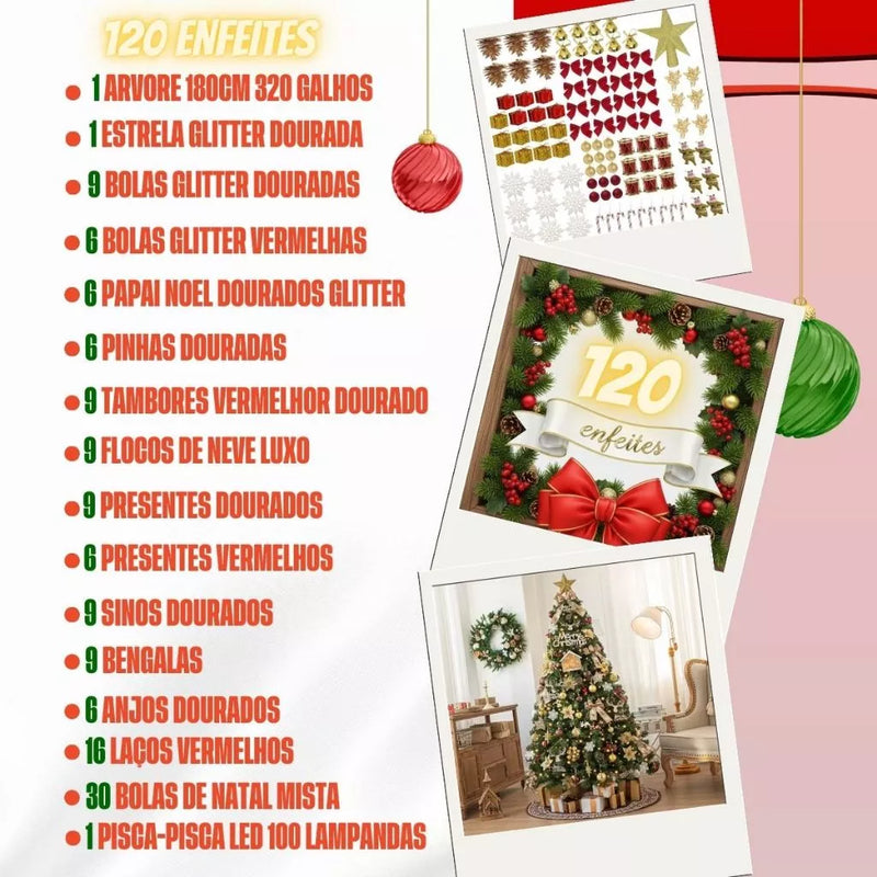 🎄 Kit Árvore de Natal Luxo Completo: Cheia, Enfeites Vibrantes, Pisca-Pisca LED